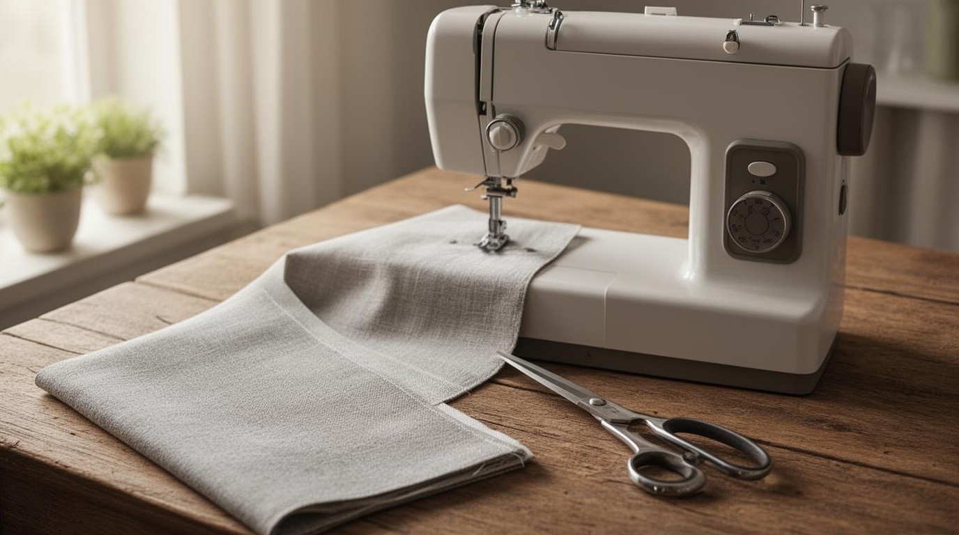A sewing machine on a wooden table with fabric and a pair of scissors