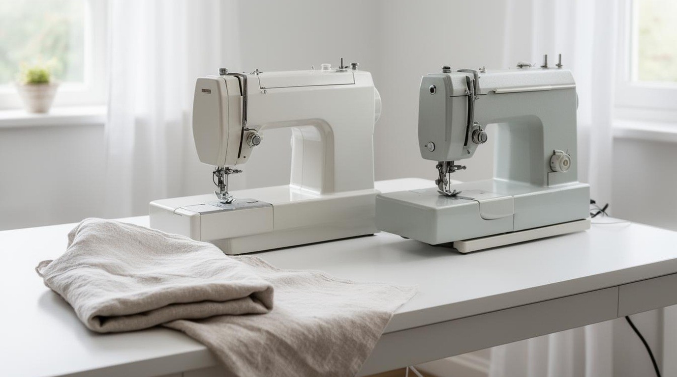 Two sewing machines side by side on a sewing table