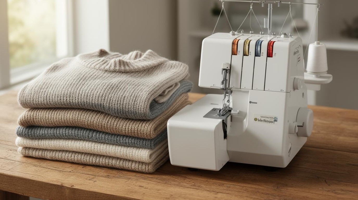 An overlock serger beside a stack of finished knit garments