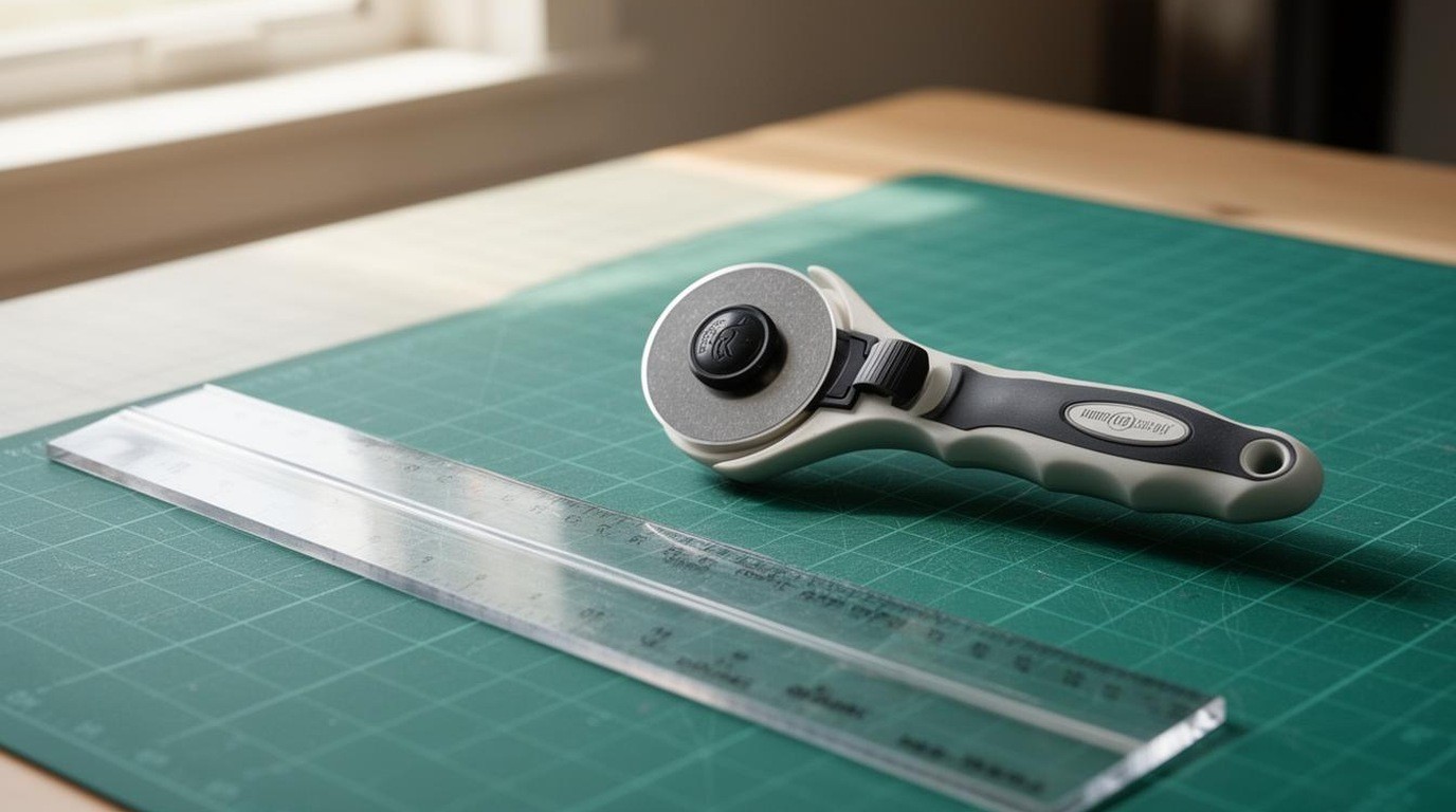 A rotary cutter resting on a cutting mat beside a clear ruler