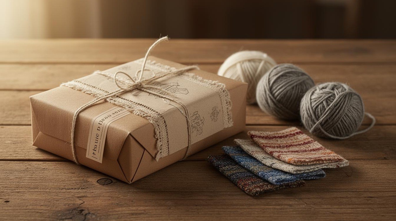 A wrapped craft kit with yarn and fabric samples beside it